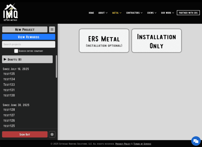 IMQ dashboard for instant metal roofing quotes